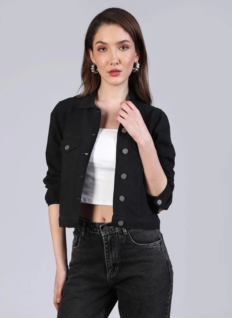Urbano Fashion Women's Black Regular Fit Washed Full Sleeve Denim Jacket